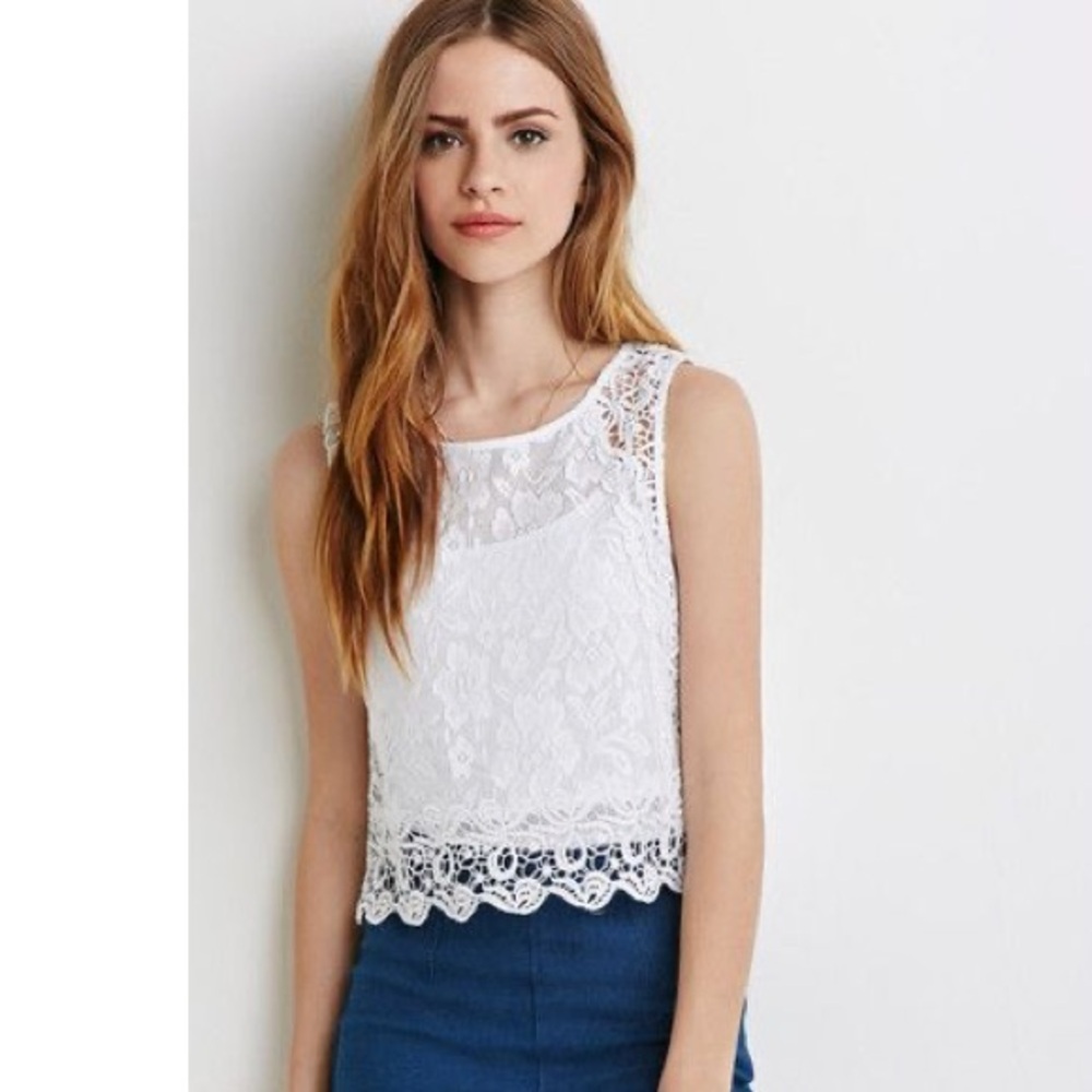 Forever 21 Womens M White Sheer Crotchet Lace Crop Top Boho Cottagecore Fairy